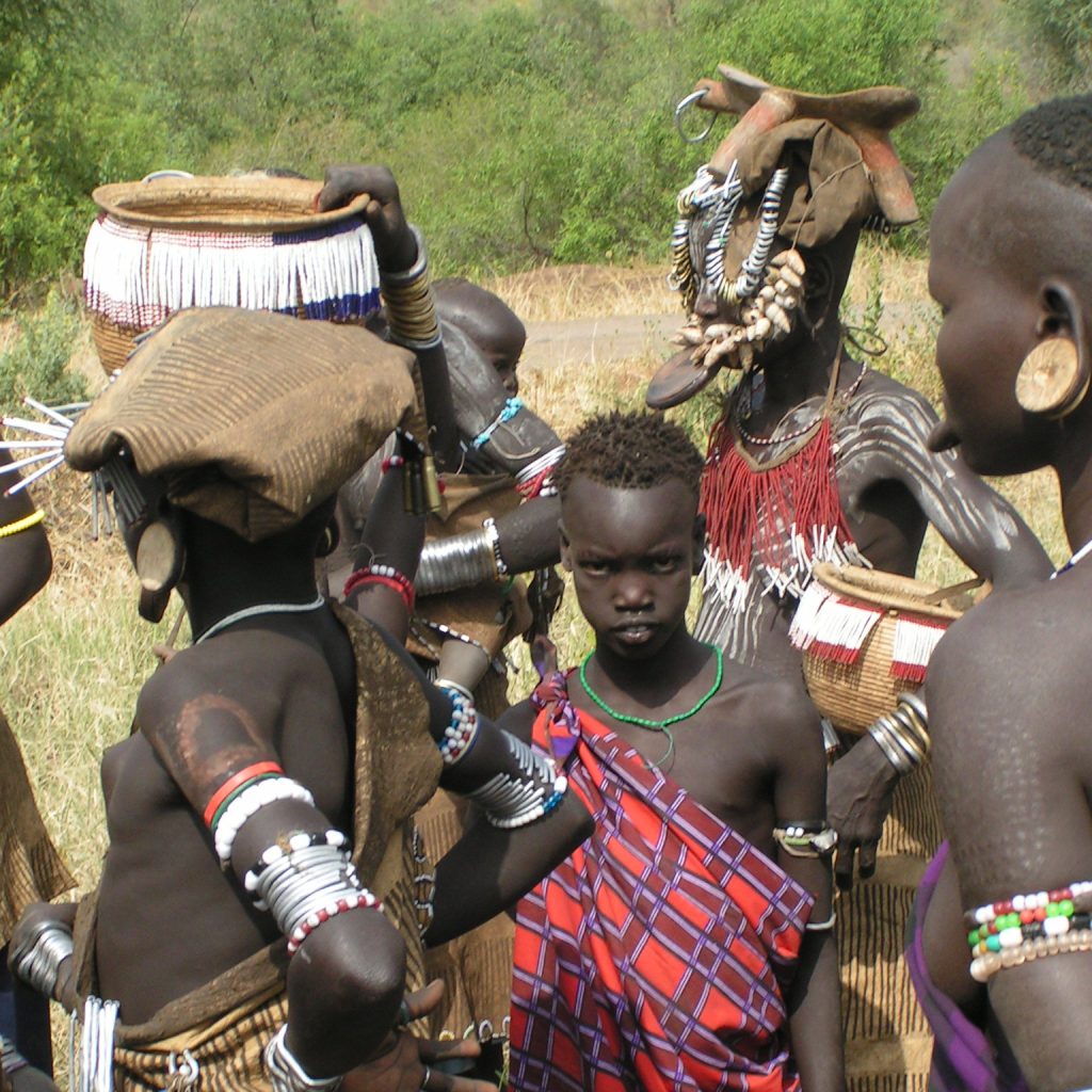 Mursi tribe woman with traditional lip plate in Ethiopia Hamar tribe cultural dance in Southern Ethiopia Scenic landscape of the Omo Valley region Traditional tribal market in Jinka Ethiopia Karo tribe body painting near the Omo River Travelers enjoying the 7-Day Omo Valley Tour in Ethiopia